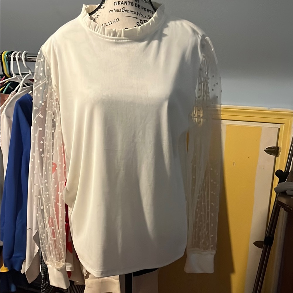 Elegant White Blouse with Sheer Sleeves